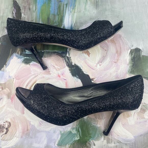 Miu Miu Black Patent Leather Glitter Peep Toe Platform Heels Size 40/9 - Picture 7 of 15